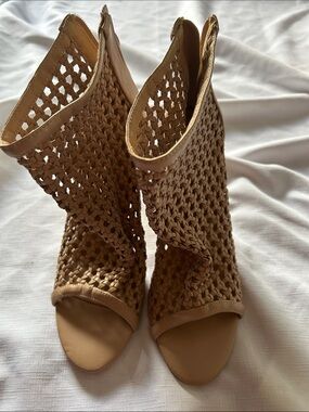 Shoe Dazzle Woven Peep-Toe Heeled Booties - Tan